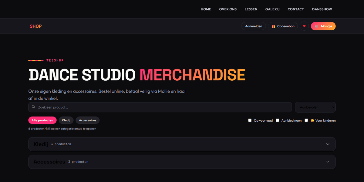 Dance Suite: webshop met merchandise en betaling via Mollie